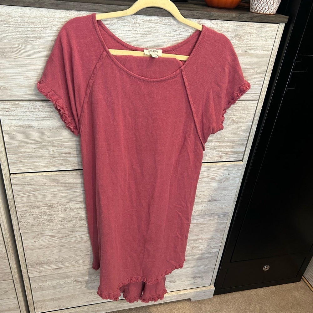 Umgee USA Dress Womens M Pink Linen Blend Lagenlook Frayed Fringe Hi Low Hem
